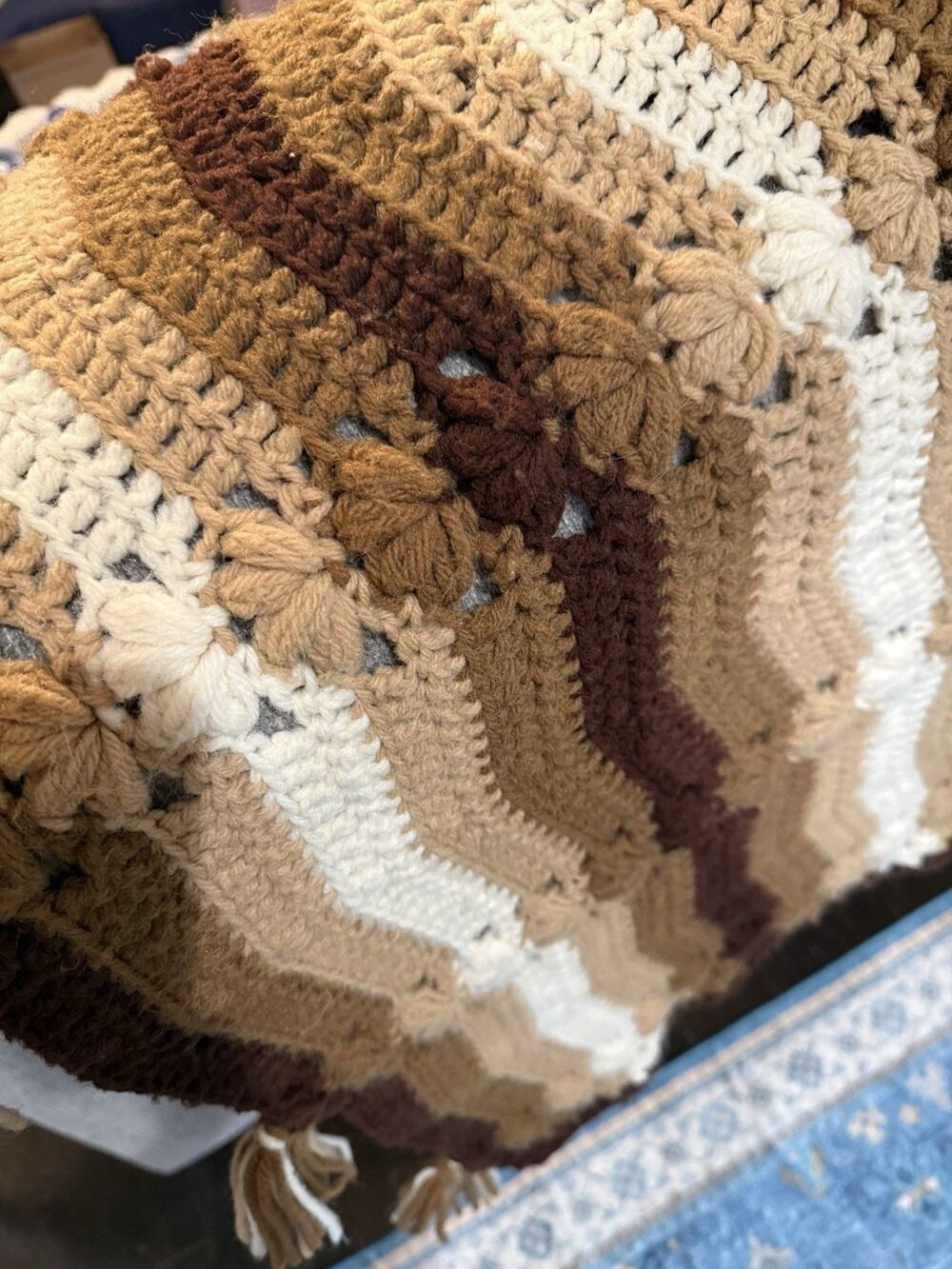 Handmade Crochet Afghan Throw Blanket 62x64 Brown Cream Bobble Stitch Fringe